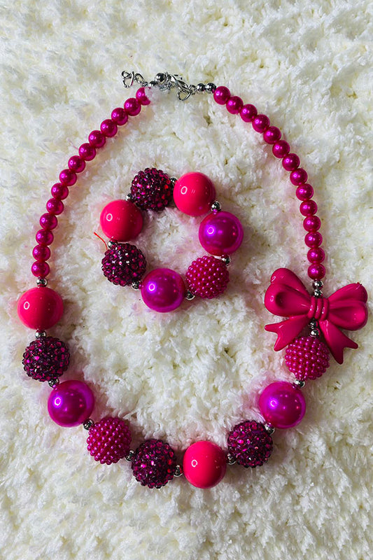240308 Hot Pink bubble bow girls necklace & bracelet sets