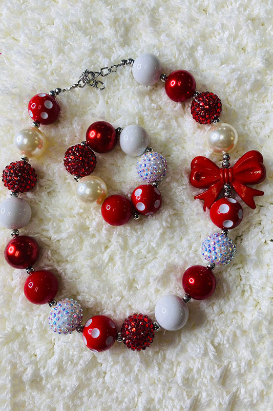 240312 Red & White bubble bow girls necklace & bracelet sets