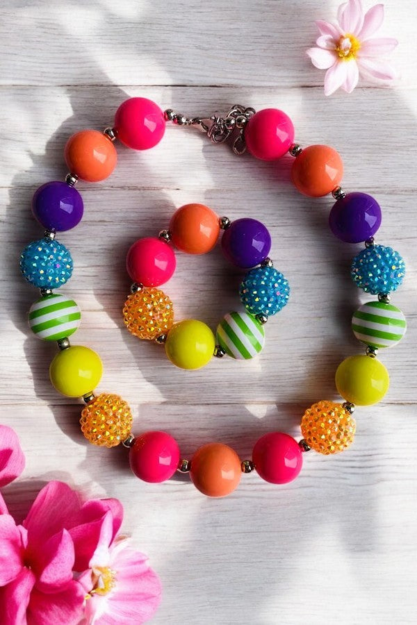 Kids boutique suppliers Multi color bubble girls necklace & bracelet sets 240329