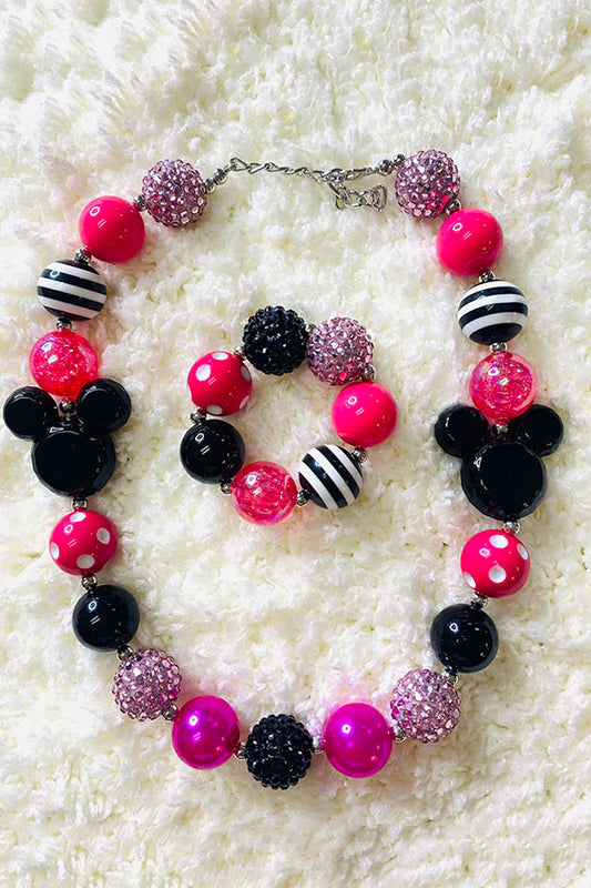 240346 Hot pink & Black pendant bubble girls necklace & bracelet sets