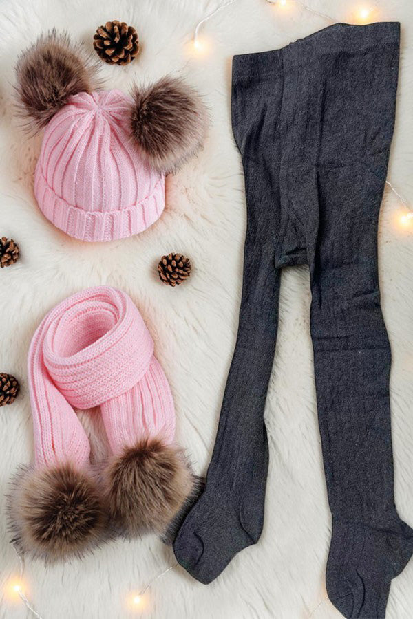 Dark grey knit tight girls legging socks & pink hat & scarf 3pcs sets 240619M