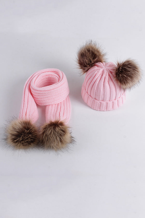 Dark grey knit tight girls legging socks & pink hat & scarf 3pcs sets 240619M