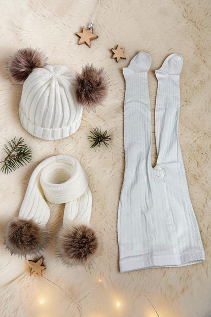 White knit tight girls legging socks & cream hat & scarf 3pcs sets 240620M