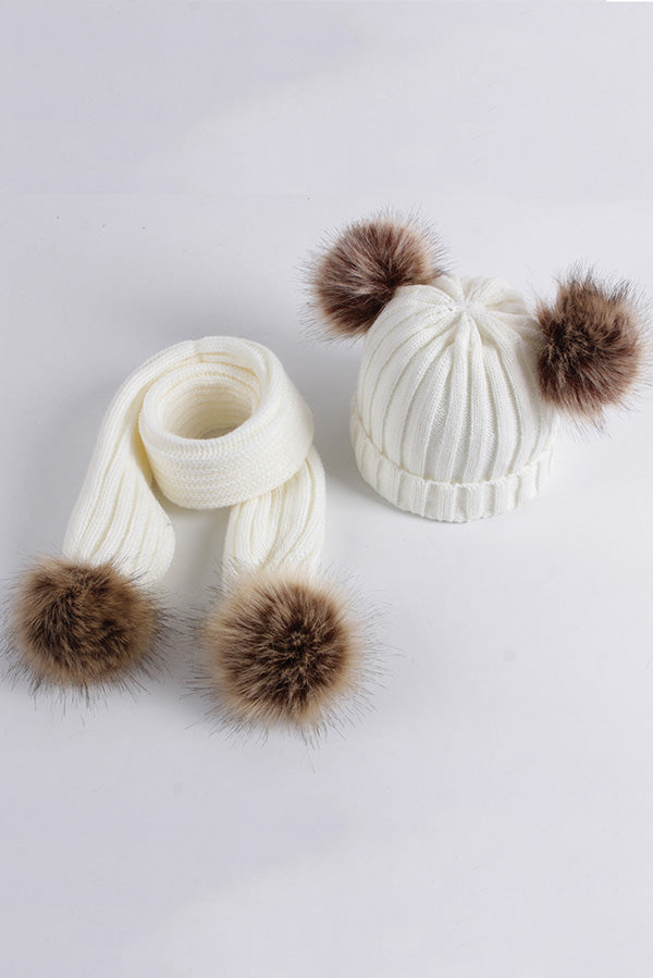 Knitted matching hat & scarf with pompoms one size for kids
