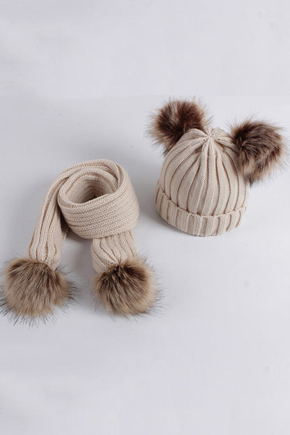 Knitted matching hat & scarf with pompoms one size for kids