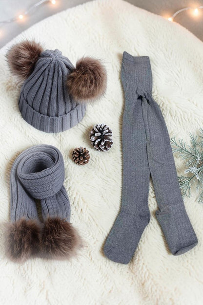 Grey knit tight girls legging socks & hat & scarf 3pcs sets 240617M