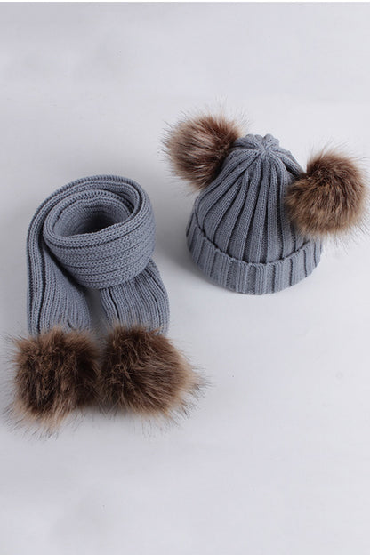 Grey knit tight girls legging socks & hat & scarf 3pcs sets 240617M