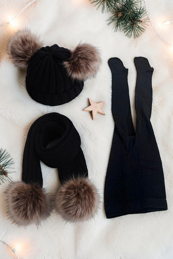 Black knit tight girls legging socks & hat & scarf 3pcs sets 240616M