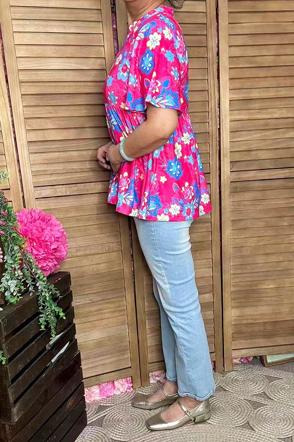 Trendy floral printed baby doll & bell short sleeve women boutique top GJQ16071