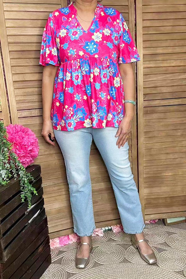 Trendy floral printed baby doll & bell short sleeve women boutique top GJQ16071