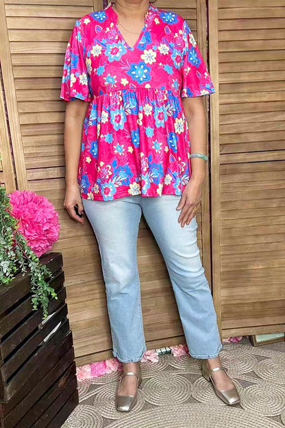 Trendy floral printed baby doll & bell short sleeve women boutique top GJQ16071