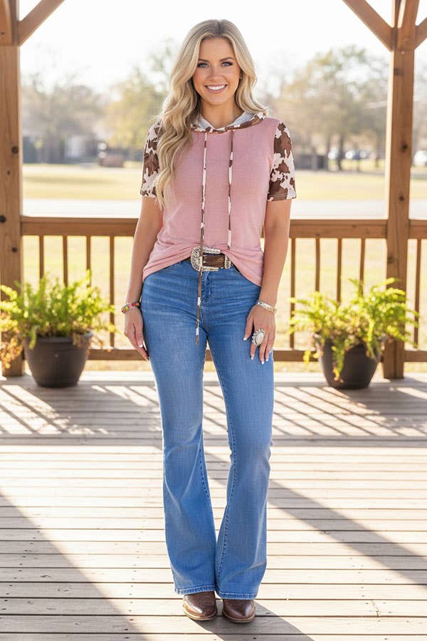 Western baby pink & cow hoodie women's boutique top GJQ10437-2