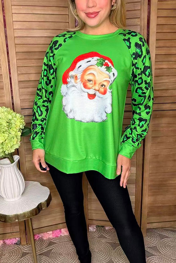 Christmas santa printed green leopard women blouse XCH16595