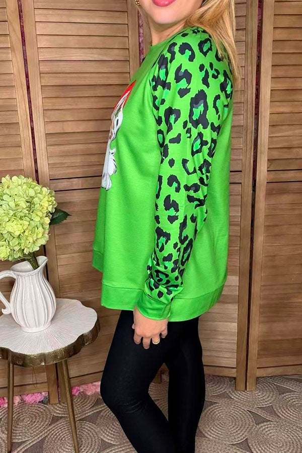 Christmas santa printed green leopard women blouse XCH16595