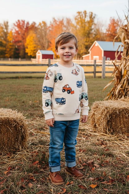 Restock--Excavator prints long sleeve cream boys sweatshirt 250930M