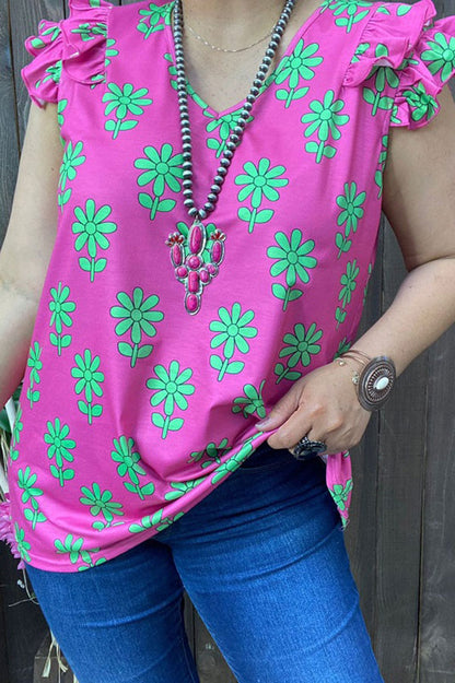 Mint flower prints short sleeves women tops w/ruffles YMY13365