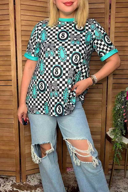 Western turquoise jewels & checkered women boutique top Southern Stitch XCH17166