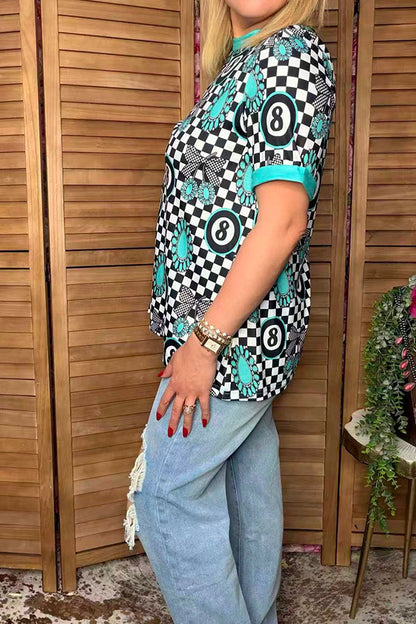 Western turquoise jewels & checkered women boutique top Southern Stitch XCH17166