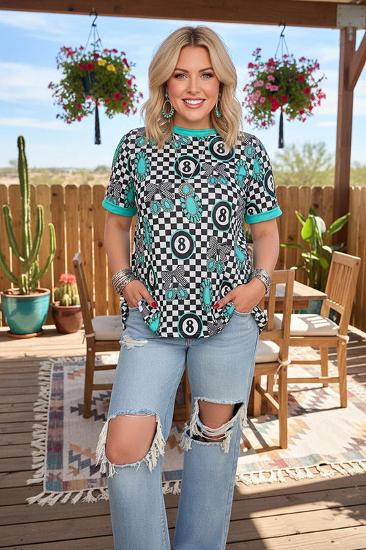 Western turquoise jewels & checkered women boutique top Southern Stitch XCH17166