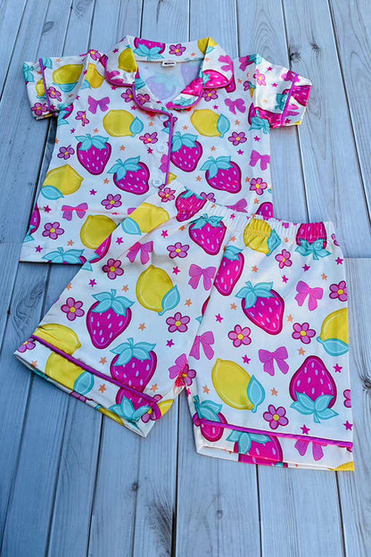 Strawberry prints short sleeve top & shorts 2pc girls pajamas set 251249M