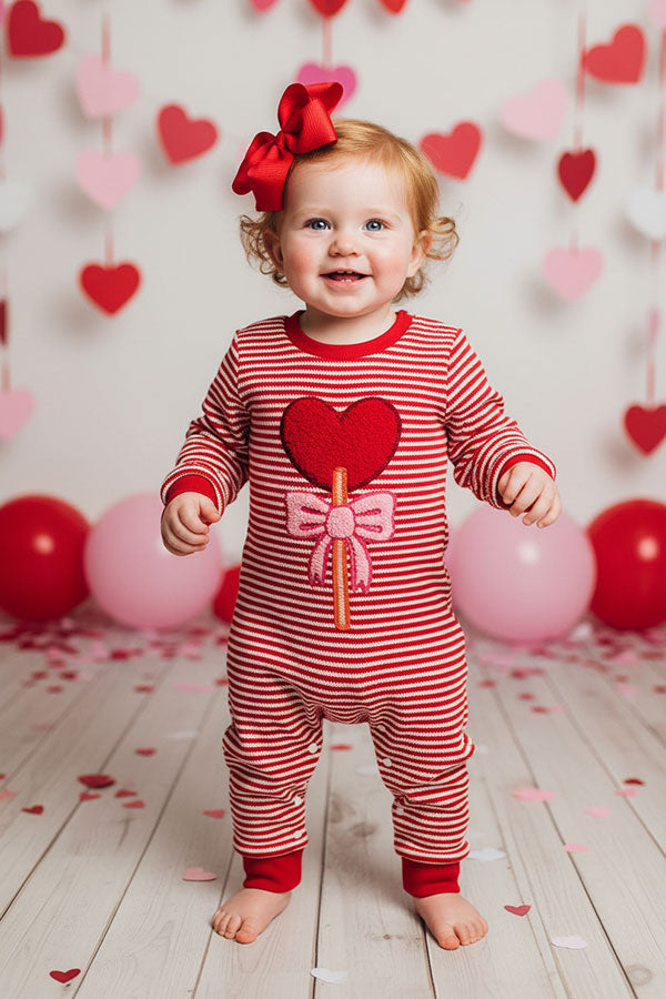 Red stripes knitted long sleeve hearts embroidery baby romper 251250M