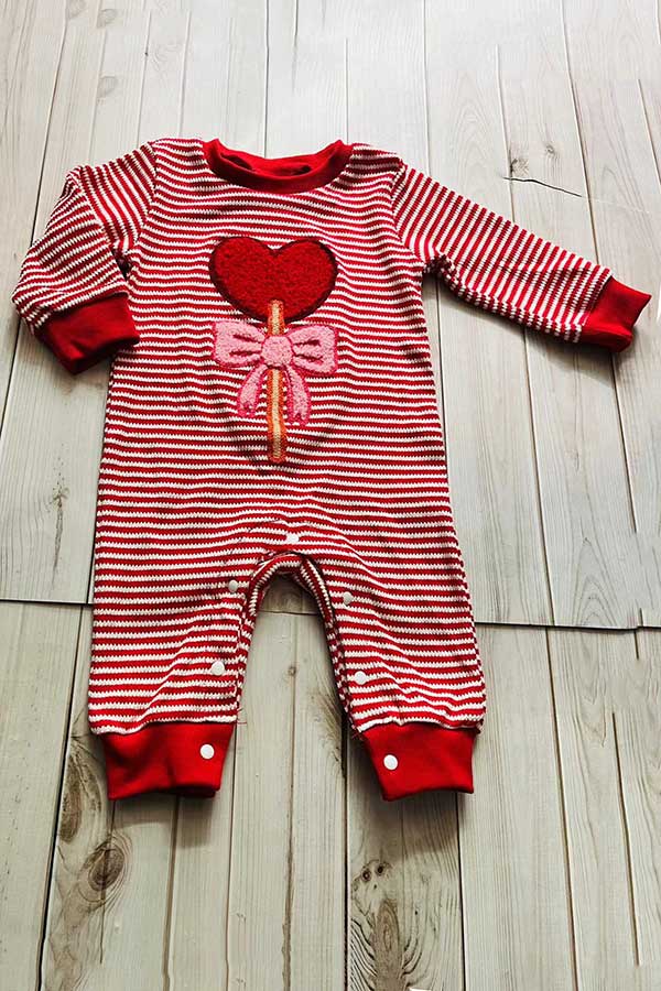 Red stripes knitted long sleeve hearts embroidery baby romper 251250M