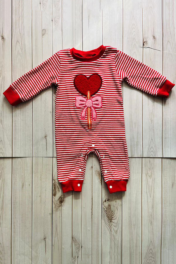 Red stripes knitted long sleeve hearts embroidery baby romper 251250M