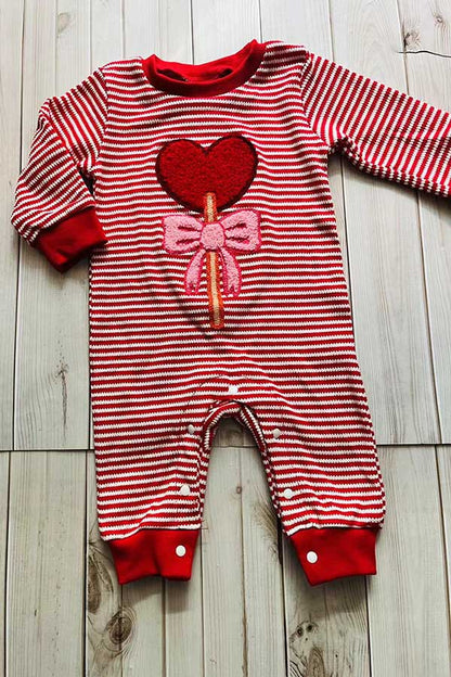 Red stripes knitted long sleeve hearts embroidery baby romper 251250M