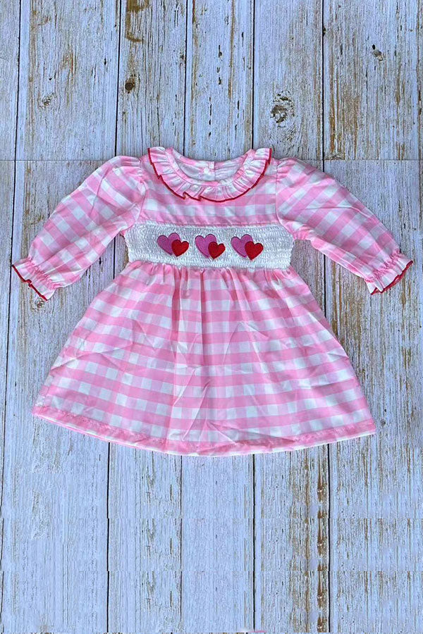 Red & Pink hearts embroidery pink checkered long sleeve girls dress 251253M