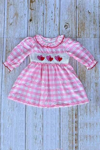 Red & Pink hearts embroidery pink checkered long sleeve girls dress 251253M