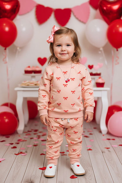 Red bow printed knitted long sleeve sweatshirt 2pc girls sets 251255M