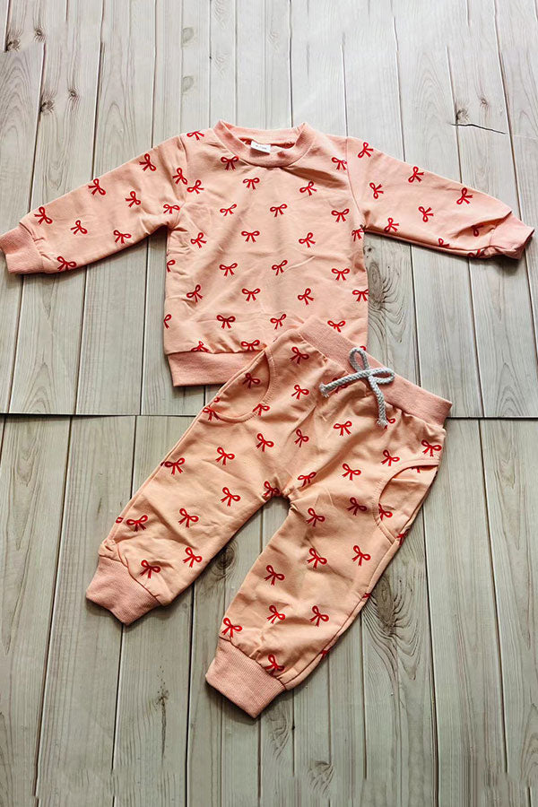 Red bow printed knitted long sleeve sweatshirt 2pc girls sets 251255M