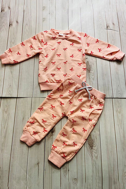 Red bow printed knitted long sleeve sweatshirt 2pc girls sets 251255M