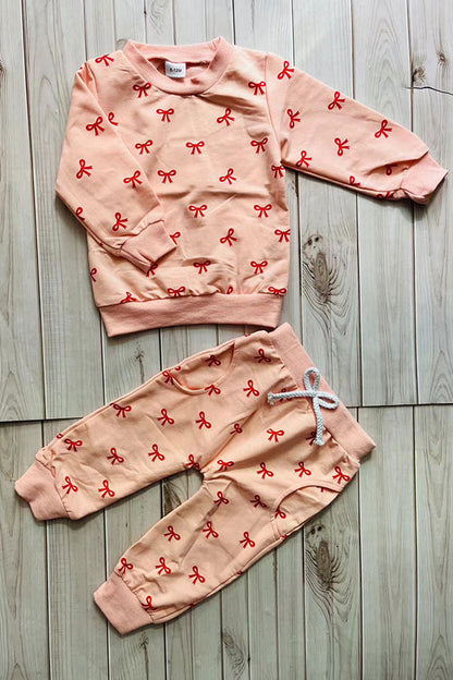 Red bow printed knitted long sleeve sweatshirt 2pc girls sets 251255M