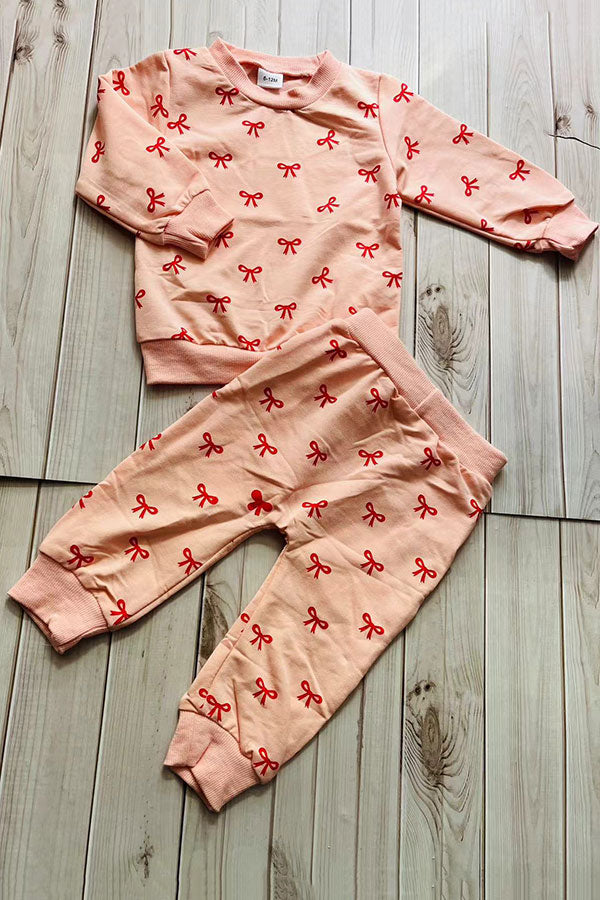 Red bow printed knitted long sleeve sweatshirt 2pc girls sets 251255M