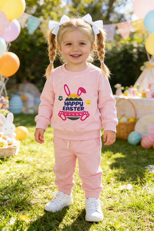 HAPPY EASTER & bunny embroidery pink top & pant set 251256M