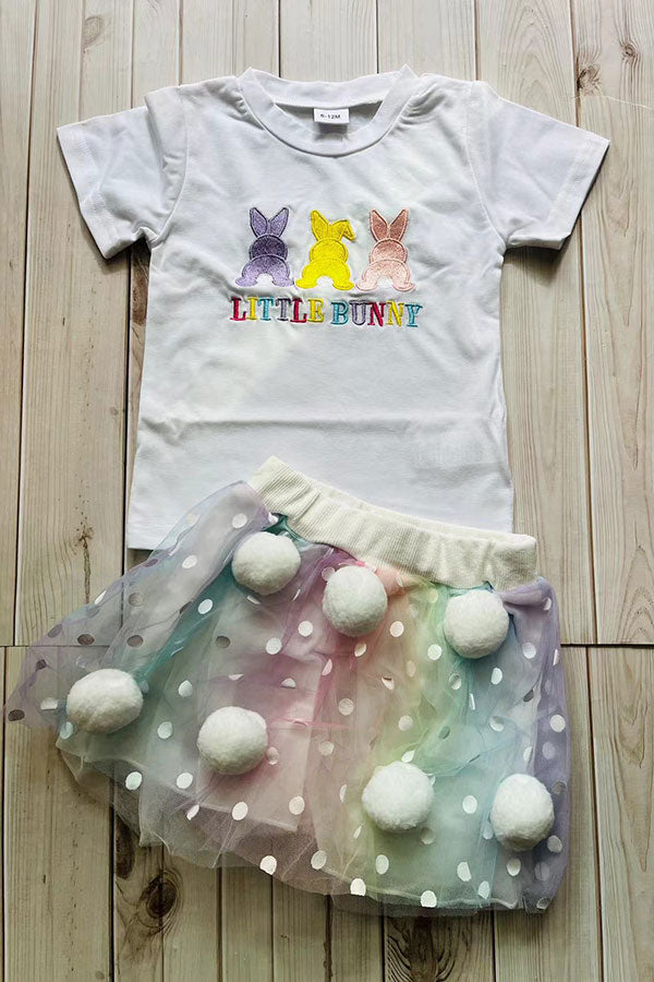 LITTLE BUNNY embroidery white top & pompoms skirt 2pc girls set 251261M