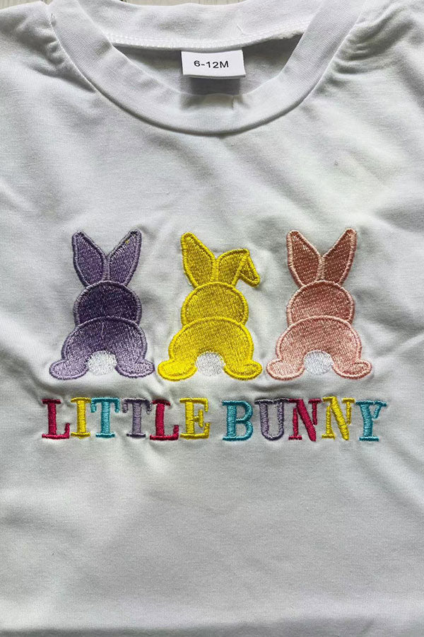 LITTLE BUNNY embroidery white top & pompoms skirt 2pc girls set 251261M