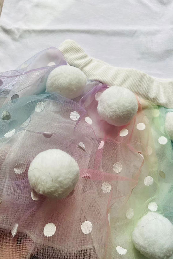 LITTLE BUNNY embroidery white top & pompoms skirt 2pc girls set 251261M