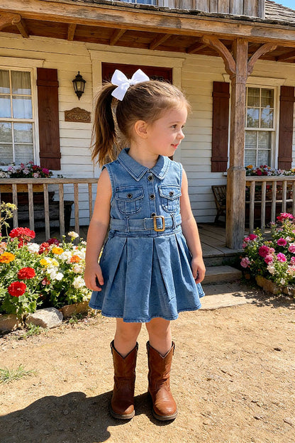 Solid color denim sleeveless pleated girls dress w/belt 251262M