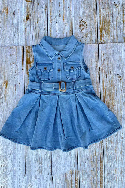 Solid color denim sleeveless pleated girls dress w/belt 251262M