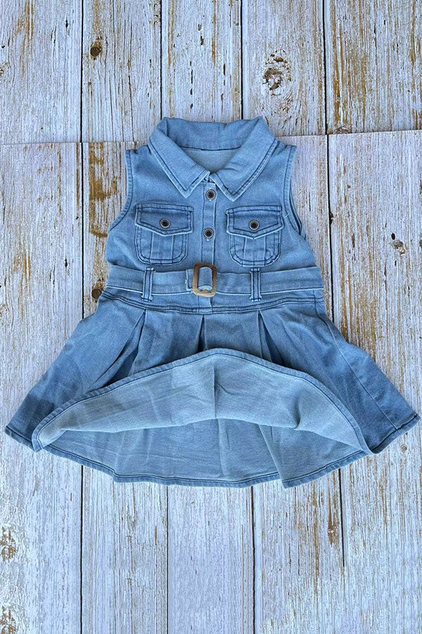 Solid color denim sleeveless pleated girls dress w/belt 251262M