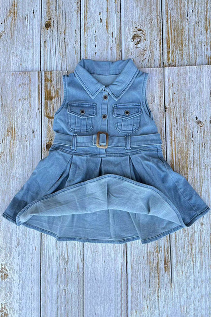 Solid color denim sleeveless pleated girls dress w/belt 251262M