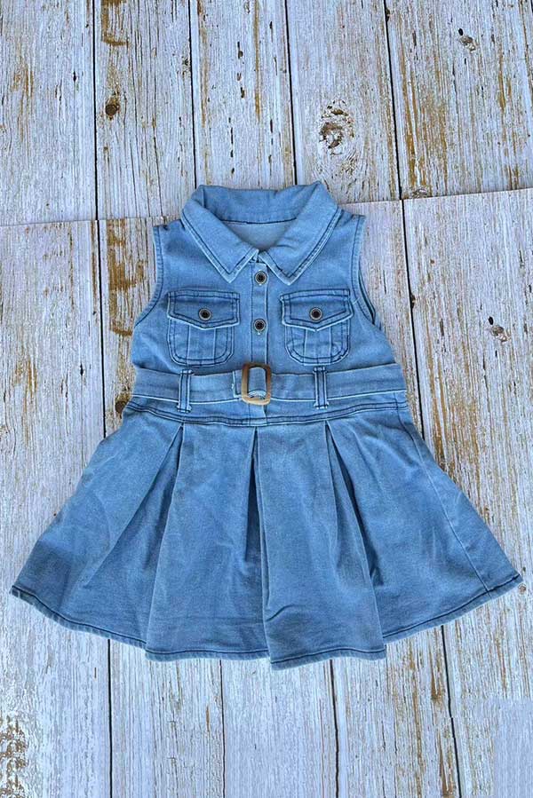 Solid color denim sleeveless pleated girls dress w/belt 251262M
