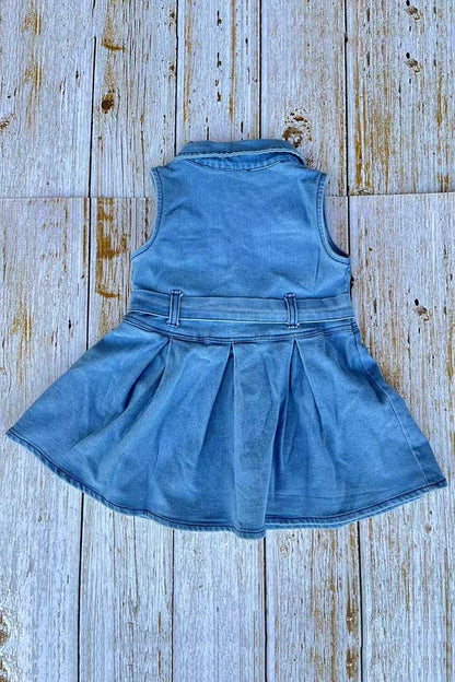 Solid color denim sleeveless pleated girls dress w/belt 251262M