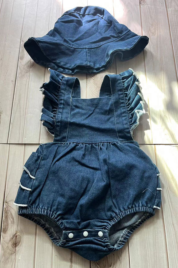 Denim ruffle bubble baby girls romper & hat 251263M