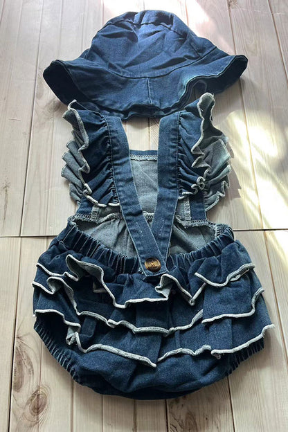 Denim ruffle bubble baby girls romper & hat 251263M