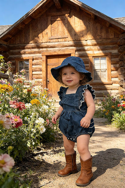 Denim ruffle bubble baby girls romper & hat 251263M