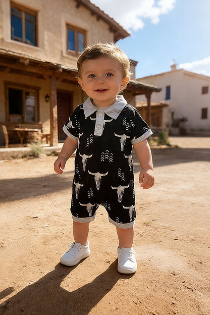 Soft western bull skull printed short sleeve baby boy romper 251264M