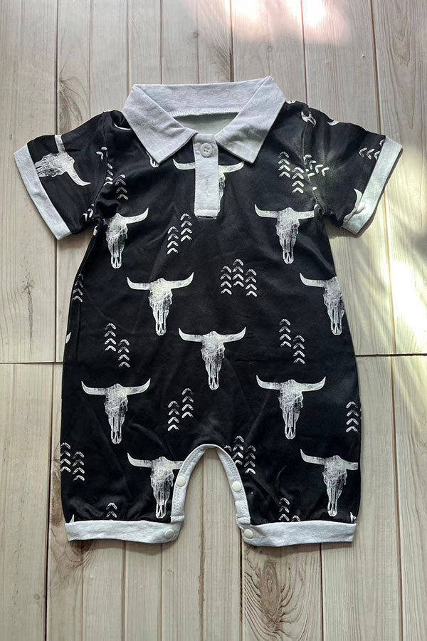 Soft western bull skull printed short sleeve baby boy romper 251264M